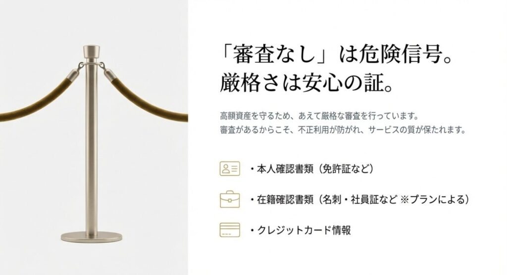 画像タイトル: 厳格な審査は安心の証
代替テキスト(Alt): 「審査なしは危険信号」というメッセージと共に、本人確認書類や在籍確認などの審査項目を挙げ、不正利用を防ぐための厳格な審査体制を説明したスライド。