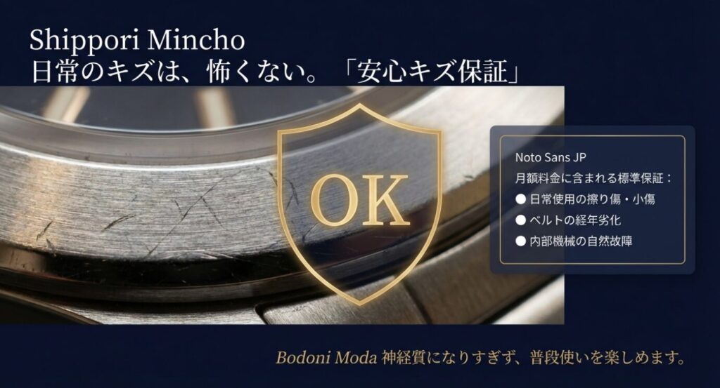 画像タイトル: 日常のキズをカバーする安心キズ保証
代替テキスト(Alt): 日常使用の擦り傷や小傷、ベルトの経年劣化などが月額料金内の標準保証に含まれることを示し、「OK」マークで安心感を訴求した図。