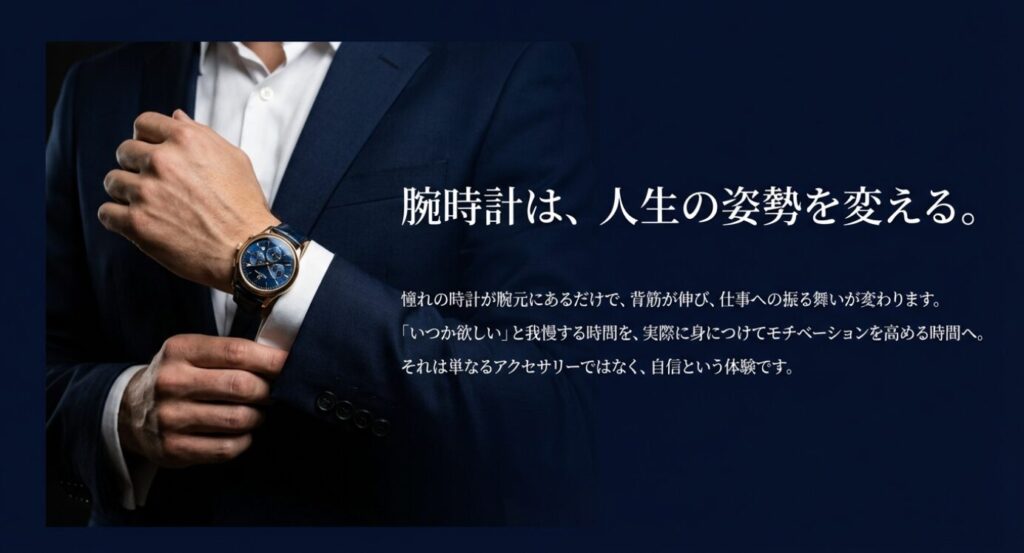 画像タイトル: 腕時計がもたらす自信と体験
代替テキスト(Alt): 「腕時計は、人生の姿勢を変える」というメッセージと共に、憧れの時計を身につけることが自信やモチベーション向上につながることを訴求するイメージ画像。