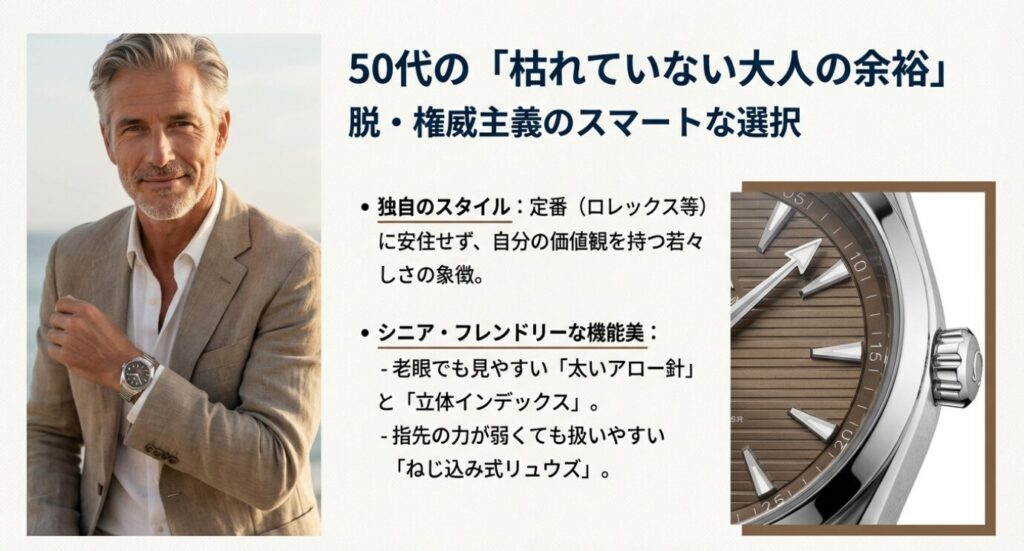 画像タイトル: 50代の大人の余裕とアクアテラ

代替テキスト（Alt）: 白髪の紳士がジャケットスタイルでアクアテラを着けこなしている画像。視認性の高いアロー針や操作しやすいリュウズなど、シニア世代に優しい機能美を解説。