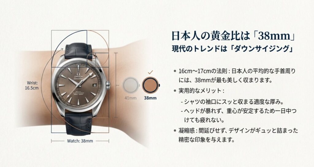 画像タイトル: 日本人の手首とアクアテラ38mmの黄金比

代替テキスト（Alt）: 手首周り16.5cmの日本人の腕に、38mmのケースサイズが黄金比で収まることを示した図解。41mmとの比較やダウンサイジングのトレンドについて言及。