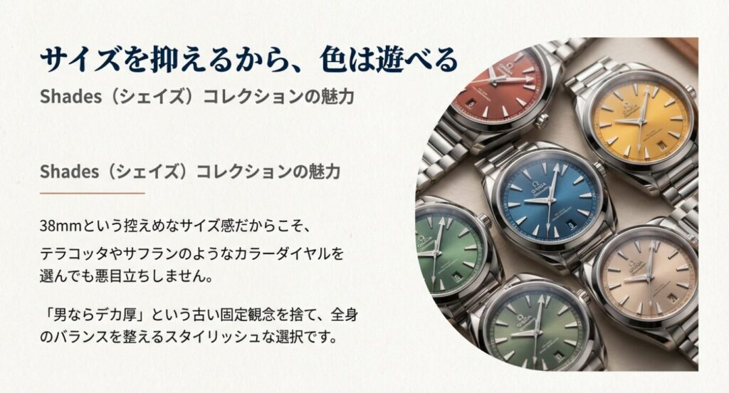 画像タイトル: アクアテラ Shades（シェイズ）コレクションのカラー

代替テキスト（Alt）: テラコッタやサフランなど、カラフルな文字盤が並んだアクアテラの集合写真。38mmという控えめなサイズだからこそ、色で遊んでも悪目立ちしないことを説明。