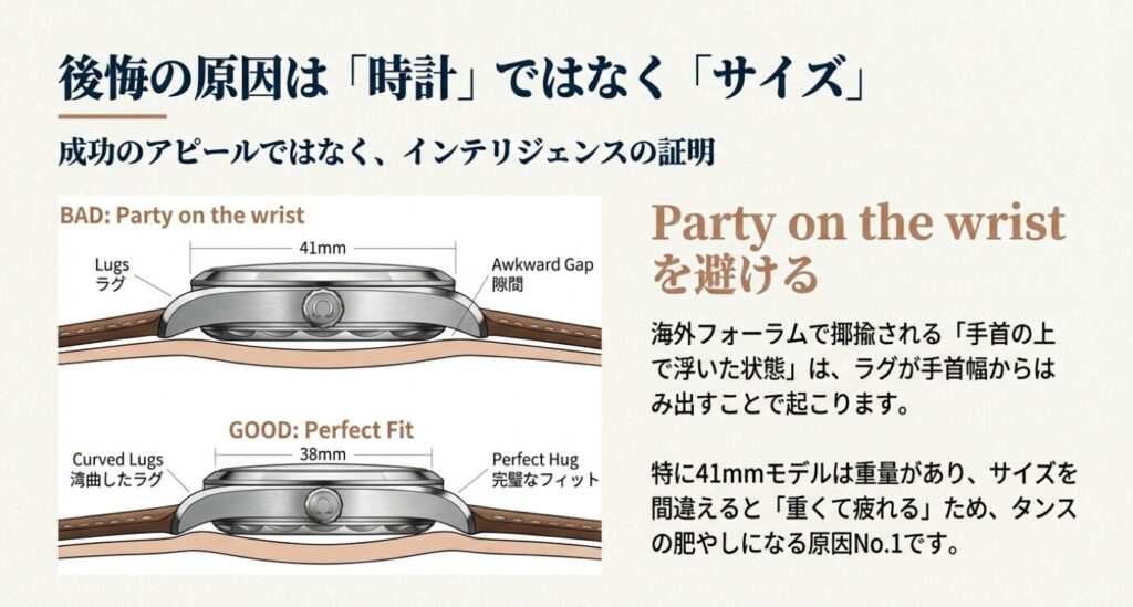 画像タイトル: アクアテラのサイズ比較 41mm対38mm

代替テキスト（Alt）: 41mmモデルでラグが浮いてしまう「Party on the wrist」の状態と、38mmモデルの完璧なフィット感を比較した断面図。ラグの隙間の有無を図解。