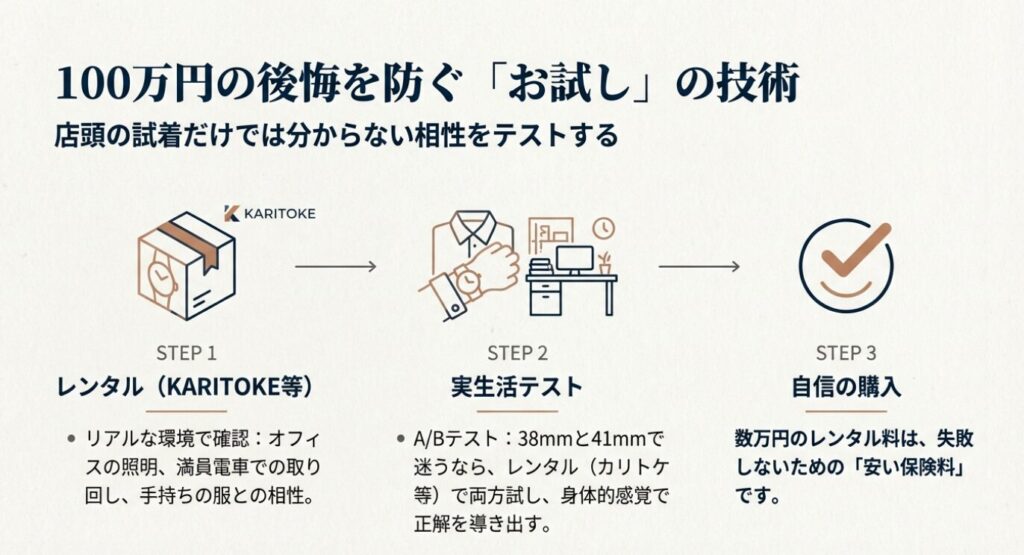 画像タイトル: 腕時計レンタルサービスを活用した失敗しない購入フロー

代替テキスト（Alt）: KARITOKEなどのレンタルサービスを利用し、リアルな環境でテストを行い、自信を持って購入するまでのステップを描いたフローチャート。