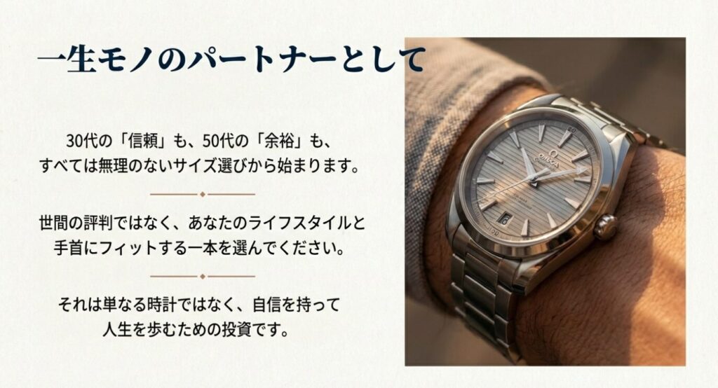 画像タイトル: 一生モノのパートナーとしてのアクアテラ

代替テキスト（Alt）: 夕日を浴びるアクアテラの着用写真。世間の評判ではなく、自分のライフスタイルと手首にフィットする一本を選ぶことが、自信を持って人生を歩む投資になるというメッセージ。