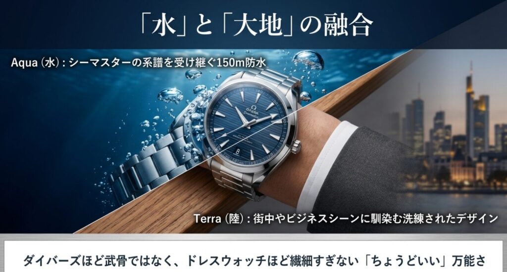 画像タイトル: 水（シーマスターの防水性）と大地（洗練されたデザイン）の融合

代替テキスト（Alt）: アクアテラの時計を中心に、左側に海中のイメージ、右側に都市のイメージを配置した対比図。150m防水の機能性と、ビジネスシーンに馴染むデザイン性を表現。