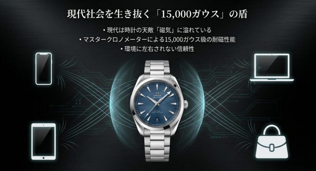 画像タイトル: 現代社会の磁気から時計を守る15,000ガウスの盾

代替テキスト（Alt）: スマートフォン、タブレット、パソコン、バッグの留め具など、身の回りにある磁気発生源から時計がバリアで守られているイメージ図。