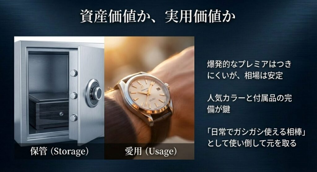 画像タイトル: 資産価値か実用価値か？アクアテラの正しい評価

代替テキスト（Alt）: 天秤の図で、投機的な「保管（Storage）」よりも、日常で使い倒す「愛用（Usage）」の方にアクアテラの価値があることを示したスライド。リセールバリューは安定していることも言及。