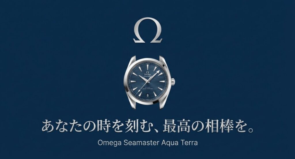 画像タイトル: あなたの時を刻む最高の相棒

代替テキスト（Alt）: 大きなオメガ（Ω）のロゴマークとアクアテラの時計。「あなたの時を刻む、最高の相棒を。」という結びのメッセージ。