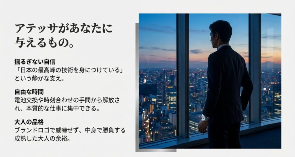 画像タイトル: アテッサがあなたに与える3つの価値


代替テキスト: 都市の夜景を見下ろすビジネスマンの後ろ姿と、揺るぎない自信、自由な時間、大人の品格という3つの提供価値を記したスライド