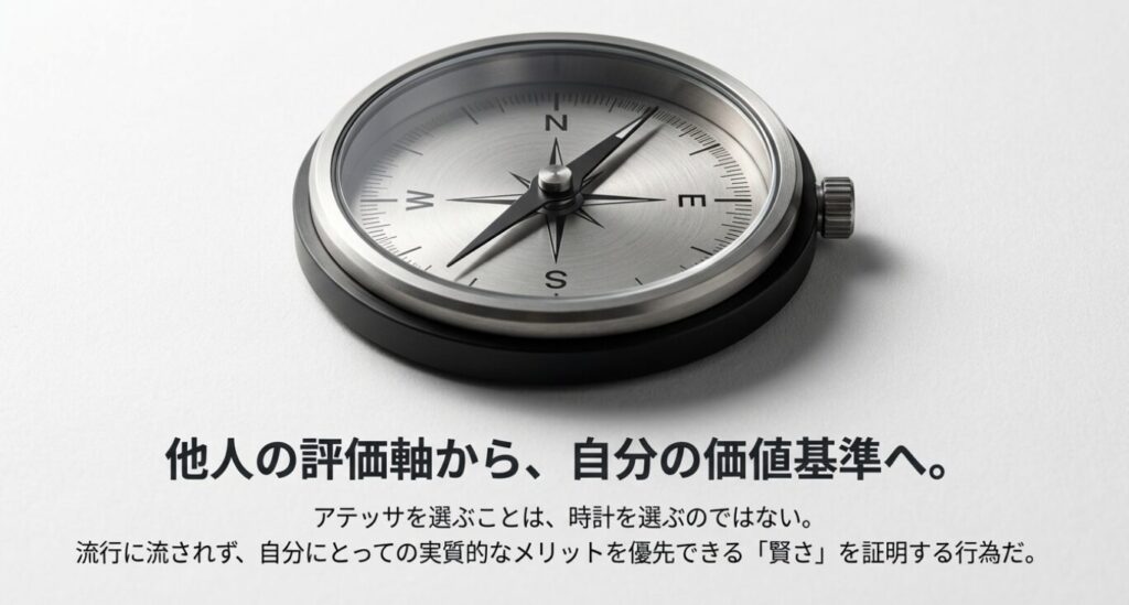 画像タイトル: 他人の評価から自分の基準へ


代替テキスト: 方位磁針のグラフィックと共に、「他人の評価軸から、自分の価値基準へ」というメッセージが記されたスライド