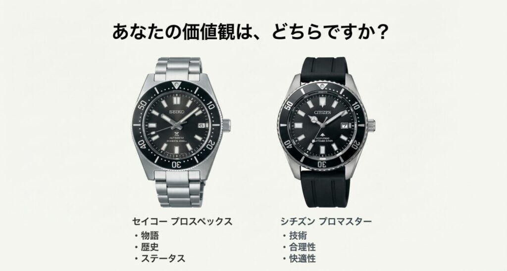 画像タイトル: seiko-vs-citizen-value-selection-guide

代替テキスト: セイコー（物語・歴史・ステータス）とシチズン（技術・合理性・快適性）の選び方チェックリスト