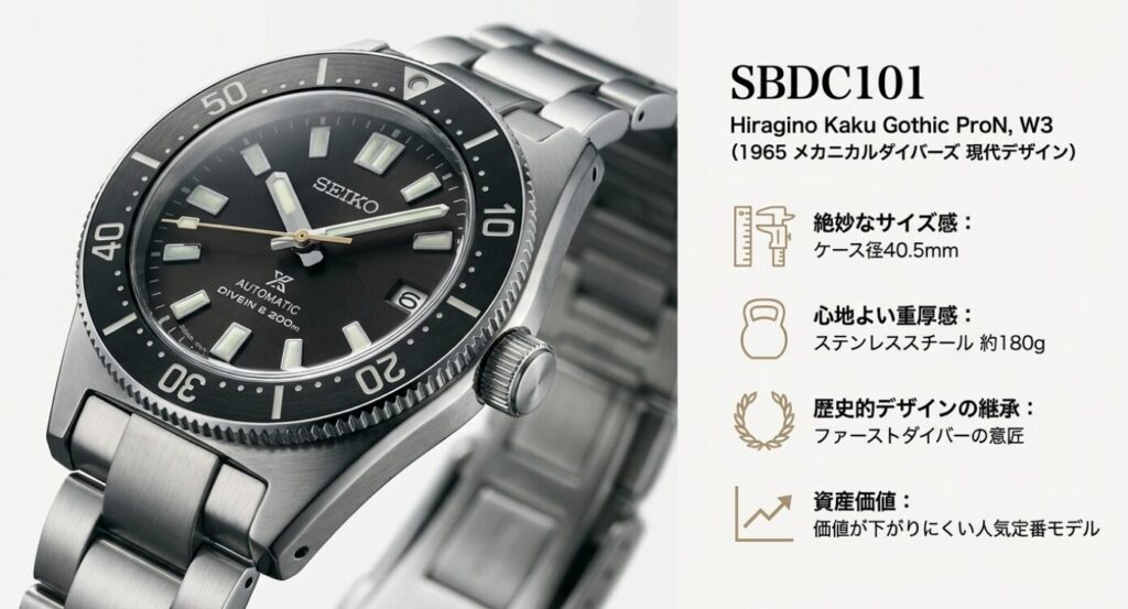 画像タイトル: seiko-prospex-sbdc101-specs-review

代替テキスト: セイコープロスペックスSBDC101（1965メカニカルダイバーズ現代デザイン）のスペック詳細と着用イメージ