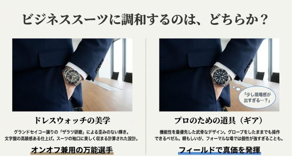 画像タイトル: divers-watch-business-suit-compatibility

代替テキスト: ビジネススーツに調和するセイコーのドレス感と、現場感が強いシチズンのギア感の比較イメージ