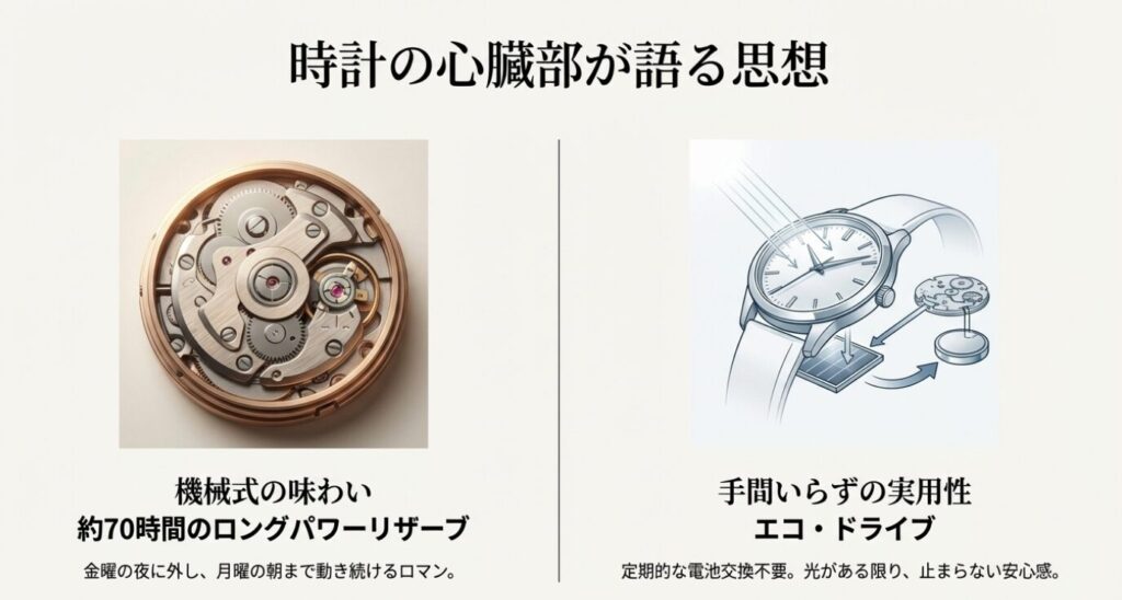 画像タイトル: seiko-mechanical-vs-citizen-ecodrive-movement-comparison

代替テキスト: セイコーの機械式ムーブメント（70時間パワーリザーブ）とシチズンの光発電エコ・ドライブの仕組みとメリットの比較