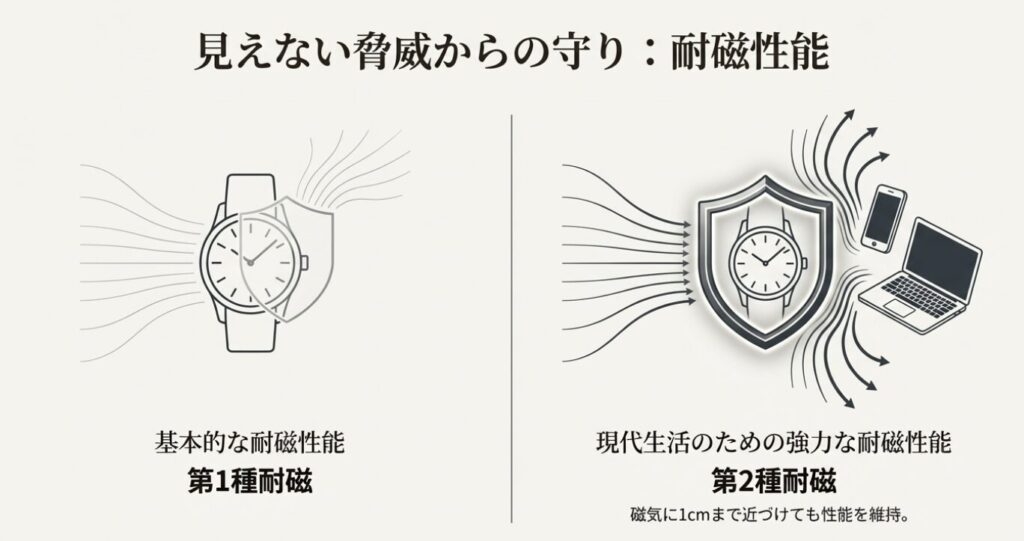 画像タイトル: antimagnetic-watch-protection-modern-life

代替テキスト: スマートフォンやPCなどの磁気から時計を守る耐磁性能（第1種・第2種耐磁）のイメージ図