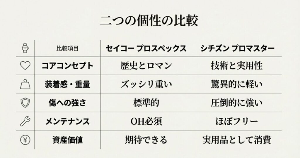 画像タイトル: seiko-prospex-vs-citizen-promaster-final-comparison-table

代替テキスト: セイコープロスペックスとシチズンプロマスターのスペック・価格・メンテナンス性などを網羅した最終比較表