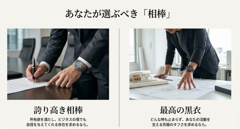 画像タイトル: watch-selection-partner-vs-supporter-business

代替テキスト: ビジネスシーンにおける時計の役割。所有欲を満たす相棒としてのセイコーと、活動を支える黒衣としてのシチズン