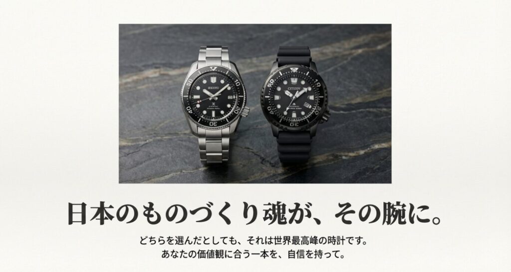 画像タイトル: japanese-diver-watch-final-choice

代替テキスト: 日本が誇るダイバーズウォッチ、セイコーとシチズンのツーショット。世界最高峰の選択肢