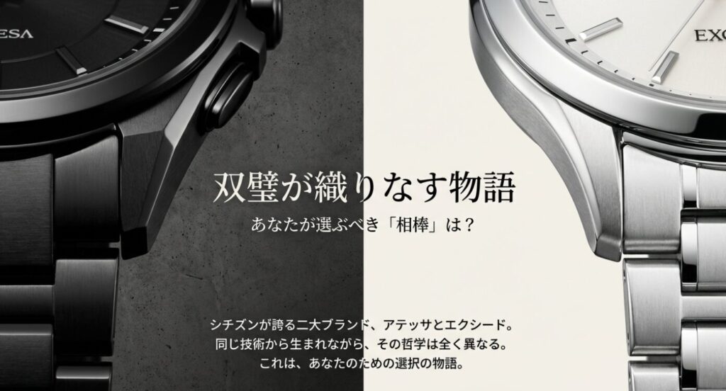 画像タイトル: シチズン アテッサ vs エクシード ブランド比較
代替テキスト: シチズンの二大ブランド、アテッサとエクシードのロゴと「双璧が織りなす物語」というキャッチコピー。