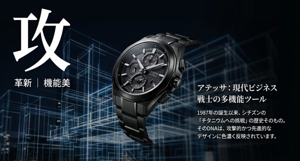 画像タイトル: アテッサのコンセプト「攻」
代替テキスト: シチズン アテッサのクロノグラフ文字板と、コンセプトを表す漢字の「攻」。現代ビジネス戦士のための多機能ツール。