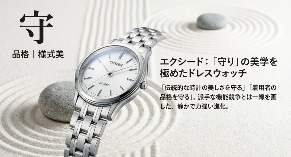 画像タイトル: エクシードのコンセプト「守」
代替テキスト: シチズン エクシードのシンプルな文字板と、コンセプトを表す漢字の「守」。品格と様式美を極めたドレスウォッチ。