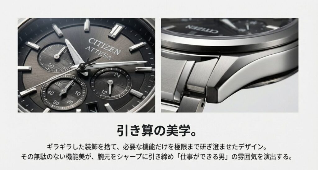 画像タイトル: 引き算の美学と機能美


代替テキスト: アテッサの文字盤のクローズアップ写真と、無駄を削ぎ落とした「引き算の美学」について解説したスライド