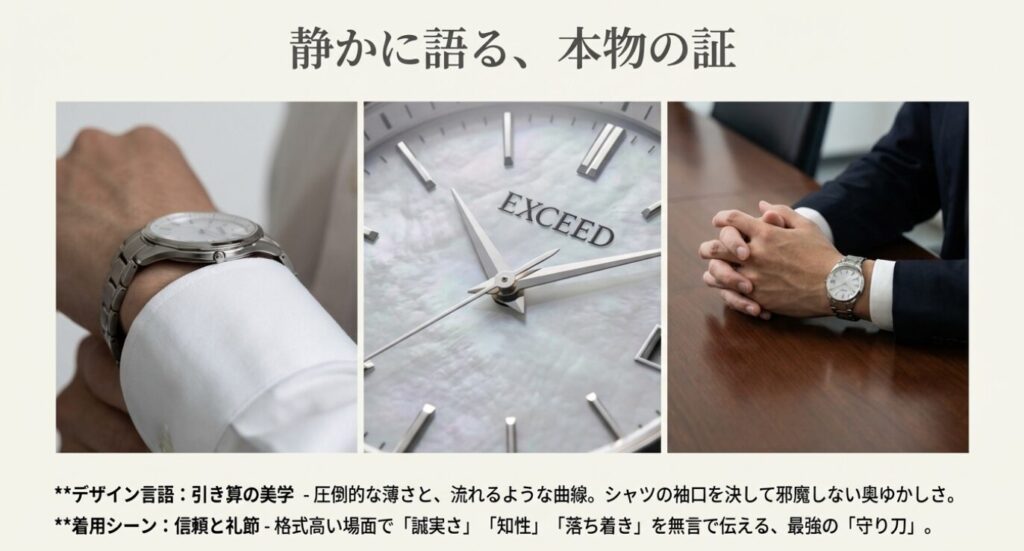 画像タイトル: エクシードの薄型デザインと着用イメージ
代替テキスト: スーツの袖口にスムーズに収まるエクシードの着用写真。引き算の美学による薄さと流れるような曲線。