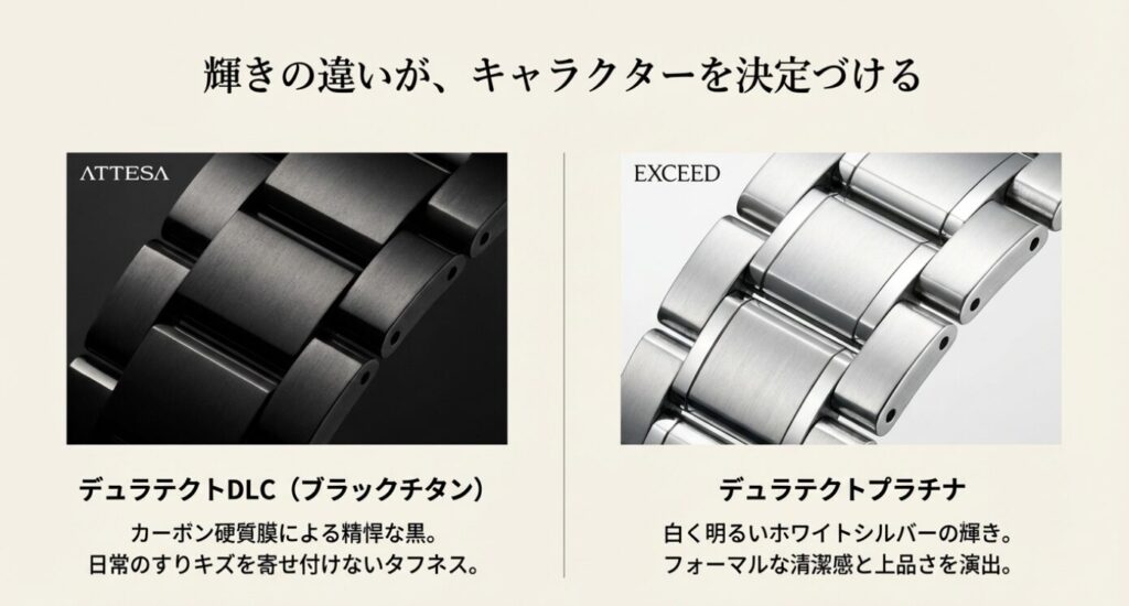 画像タイトル: デュラテクトDLCとプラチナの比較
代替テキスト: アテッサのブラックチタン(DLC)とエクシードのホワイトシルバー(プラチナ)のブレスレットの質感比較。