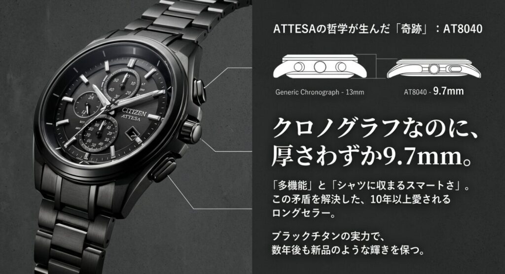 画像タイトル: アテッサ AT8040の薄さと機能
代替テキスト: シチズン アテッサ AT8040。クロノグラフでありながら厚さ9.7mmを実現した薄型設計の解説。