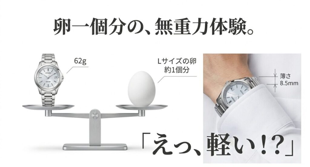 画像タイトル: エクシード CB1110の軽さ比較 卵一個分
代替テキスト: 天秤に乗せたシチズン エクシード CB1110とLサイズの卵。62gという圧倒的な軽さを表現した図。