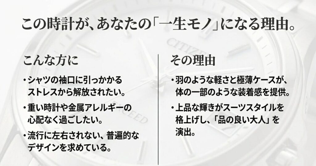 画像タイトル: エクシード CB1110が一生モノになる理由
代替テキスト: シャツの袖口に収まるエクシード。金属アレルギー対応や普遍的なデザインなど、選ばれる理由のリスト。