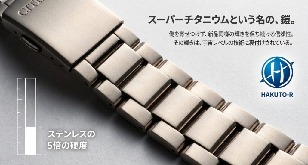 画像タイトル: スーパーチタニウムの硬度と信頼性


代替テキスト: HAKUTO-Rのロゴマークと、ステンレスの5倍の硬度を示す棒グラフ、スーパーチタニウムの信頼性を解説したスライド