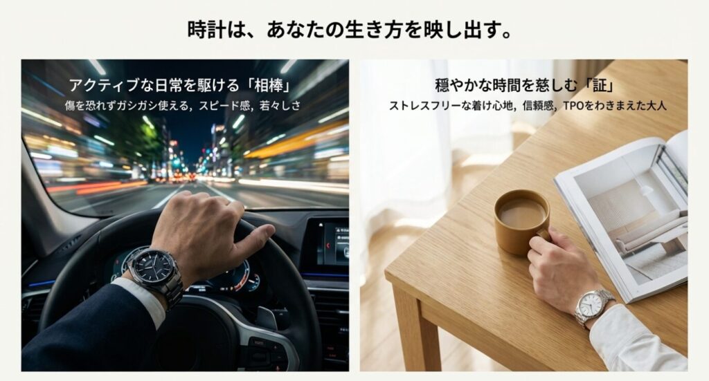 画像タイトル: アクティブな日常を駆ける相棒 アテッサ
代替テキスト: 車を運転する男性の手元にあるアテッサ。アクティブなライフスタイルとスピード感を表現したイメージ。