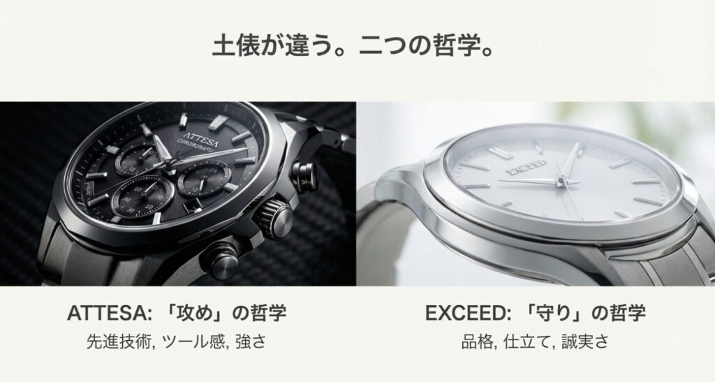 画像タイトル: アテッサとエクシード 攻めと守りの哲学比較
代替テキスト: アテッサの「攻めの哲学(先進技術)」とエクシードの「守りの哲学(品格)」を対比させたビジュアル。