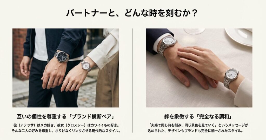 画像タイトル: シチズンのペアウォッチ 2つのスタイル
代替テキスト: エクシードの「完全なる調和」と、アテッサ×クロスシーの「ブランド横断ペア」の違いを示したイメージ図。