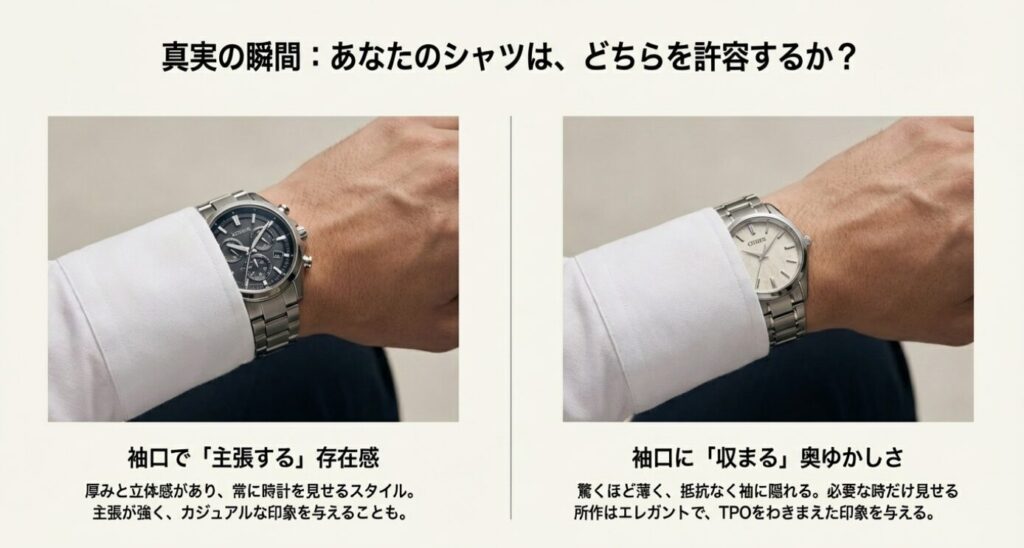 画像タイトル: スーツの袖口と腕時計の相性
代替テキスト: 袖口で主張するアテッサと、袖口に収まるエクシードの着用比較写真。