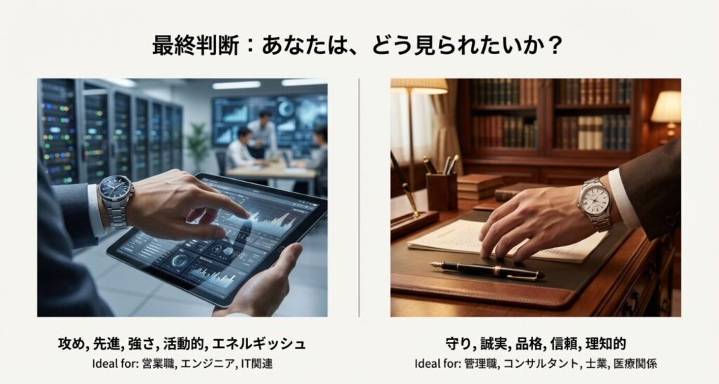 画像タイトル: 最終判断 あなたはどう見られたいか
代替テキスト: 「攻め・先進・強さ」のアテッサと、「守り・誠実・品格」のエクシード、それぞれのキーワードと適合する職種のリスト。
