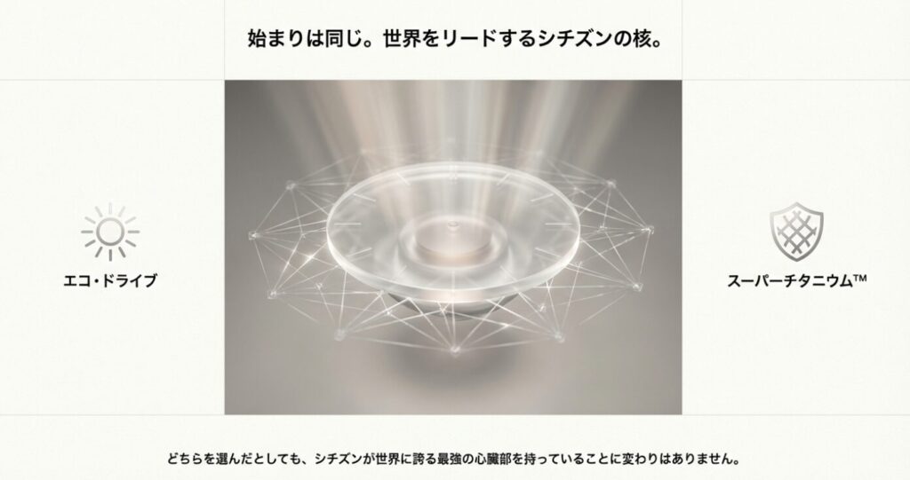 画像タイトル: シチズンの核心 エコ・ドライブとスーパーチタニウム
代替テキスト: シチズンの技術の核となるムーブメントと素材のイメージ図。「始まりは同じ」というメッセージ。