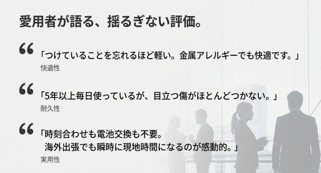 画像タイトル: 愛用者のリアルな評価


代替テキスト: 装着感の良さ、耐久性、実用性に関する具体的なユーザーの声をまとめたスライド