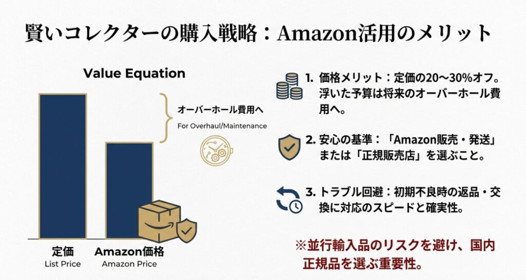 画像タイトル: slide-presage-amazon-price-comparison

代替テキスト(alt): セイコープレサージュをAmazonで購入する際の価格メリット比較グラフとオーバーホール費用の節約