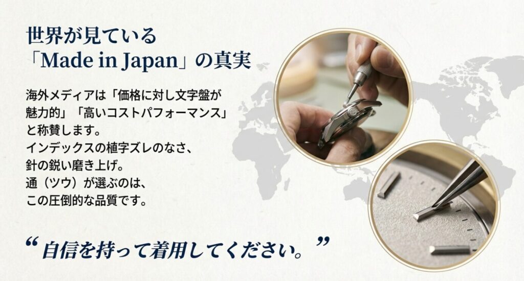 画像タイトル: slide-presage-made-in-japan-quality

代替テキスト(alt): 海外メディアも称賛するセイコープレサージュのMade in Japan品質と文字盤の美しさ