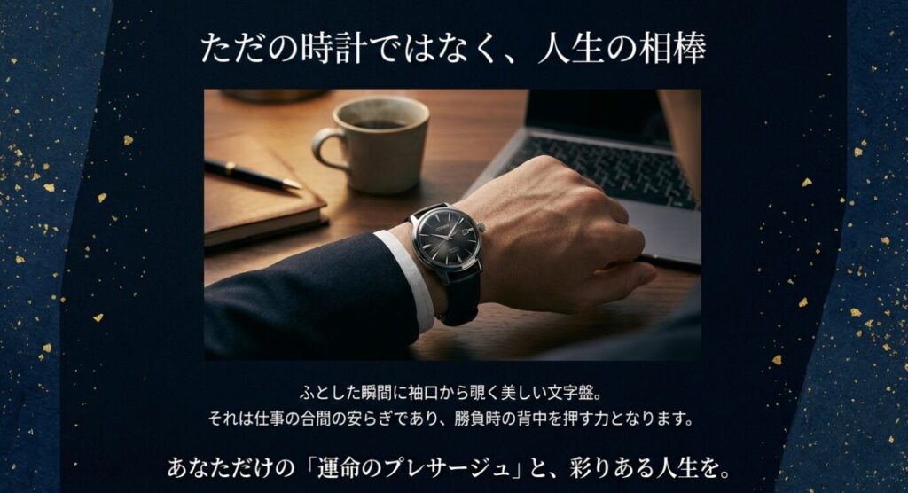 画像タイトル: slide-presage-life-partner

代替テキスト(alt): セイコープレサージュは人生の相棒 袖口から覗く美しい文字盤のある生活