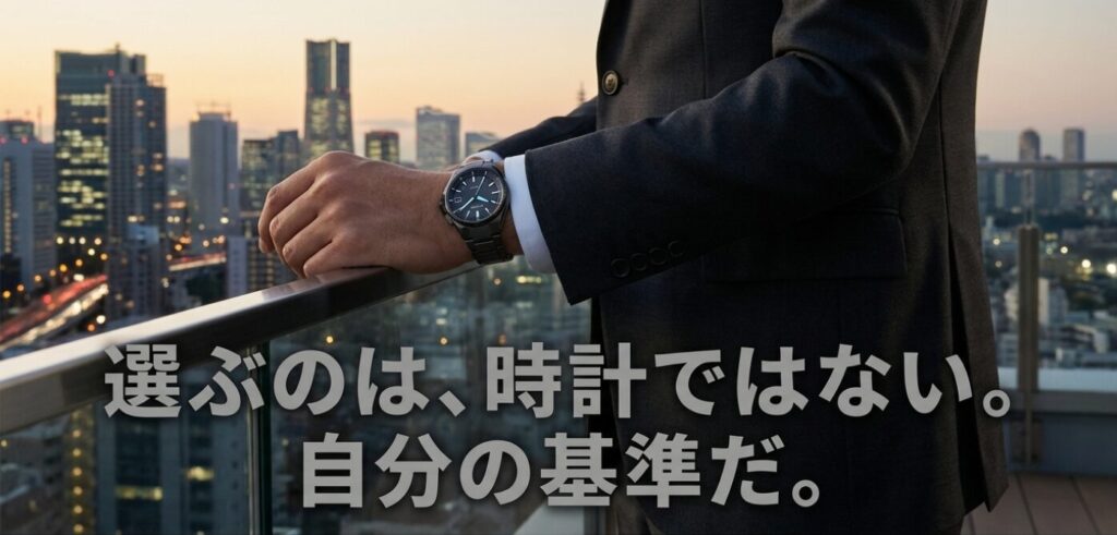 画像タイトル: 結論：自分軸で選ぶ


代替テキスト: 「選ぶのは、時計ではない。自分の基準だ。」という、記事の結論となる力強いメッセージのみが記されたスライド