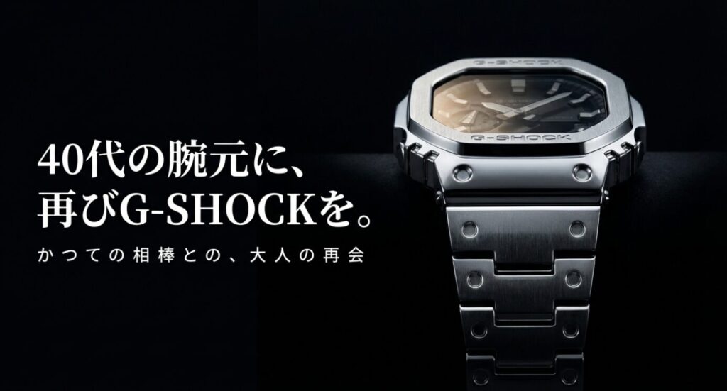 画像タイトル: 40代の腕元に、再びG-SHOCKを
代替テキスト: 「40代の腕元に、再びG-SHOCKを。」というタイトル文字。大人の男性がG-SHOCKを着用しているモノクロ調のクールなイメージ画像。