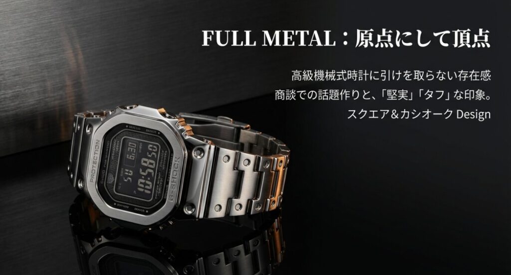 画像タイトル: フルメタルモデルが放つ大人の色気
代替テキスト: シルバーのフルメタルG-SHOCK(スクエアデザイン)の画像。「原点にして頂点」というキャッチコピーと共に、高級時計に引けを取らない存在感を紹介。