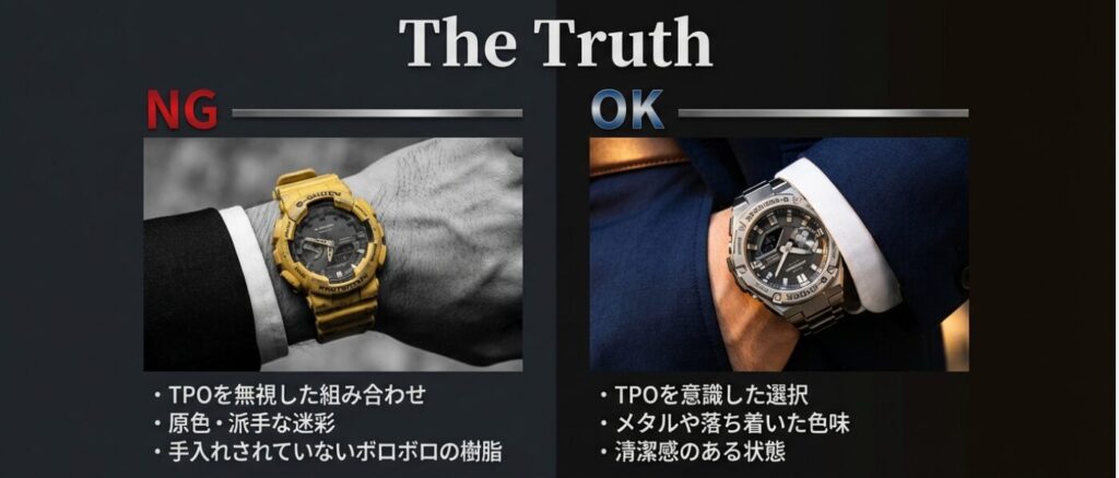 画像タイトル: 女性が見ているのは「マナー」と「清潔感」
代替テキスト: 黄色の派手なG-SHOCKをスーツに合わせたNG例と、清潔感を意識したOK例の比較。女性の批判の正体は時計そのものではなく、TPOと清潔感の欠如であることを解説。