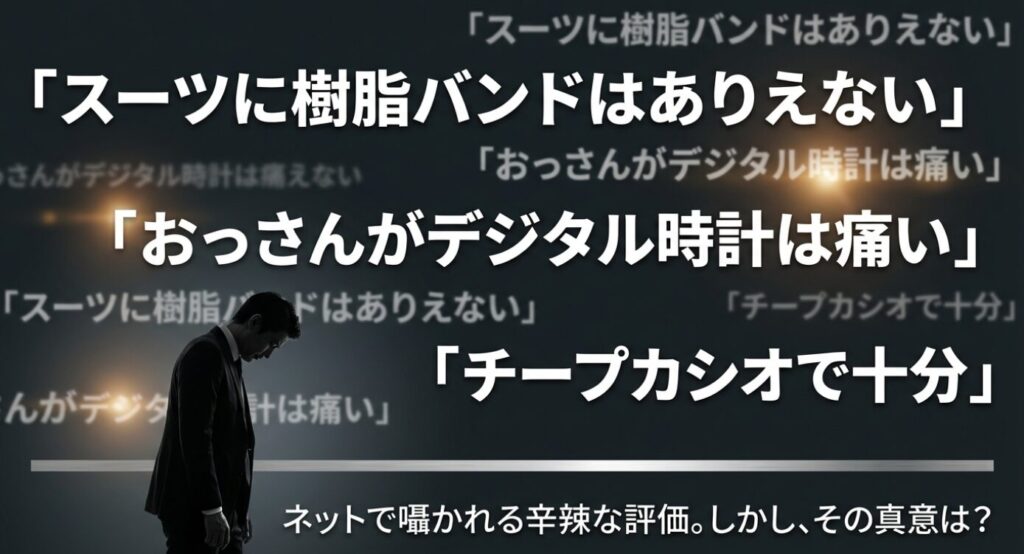 画像タイトル: ネット上で囁かれるG-SHOCKへの辛辣な声
代替テキスト: 「おっさんがデジタル時計は痛い」「スーツに樹脂バンドはありえない」といった、ネット上の否定的なコメントが羅列された画像。