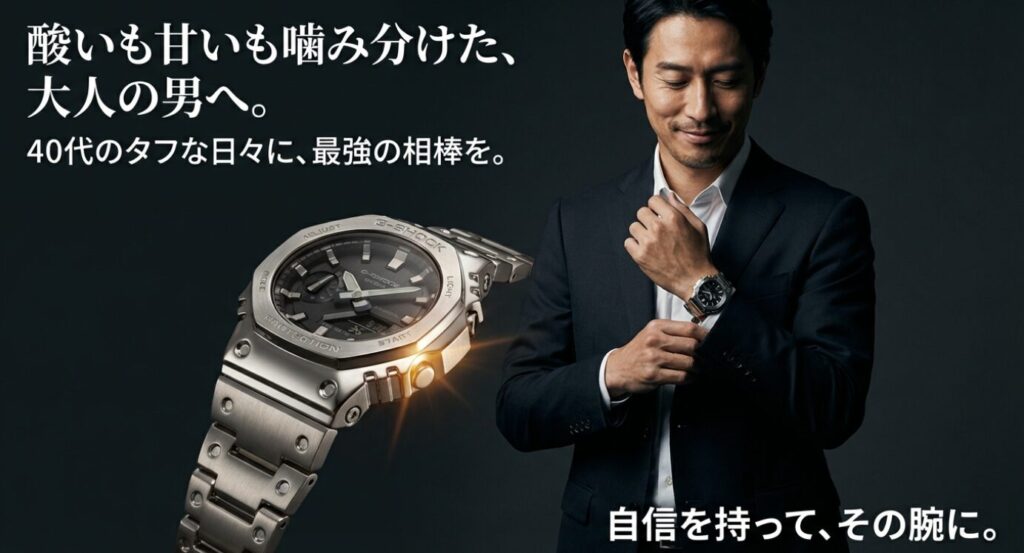 画像タイトル: 自信を持って、その腕に
代替テキスト: 「酸いも甘いも噛み分けた、大人の男へ。」というメッセージ。メタル素材のカシオーク(八角形モデル)を着用した画像で、自信を持ってG-SHOCKを身につけるよう背中を押すエンディング画像。