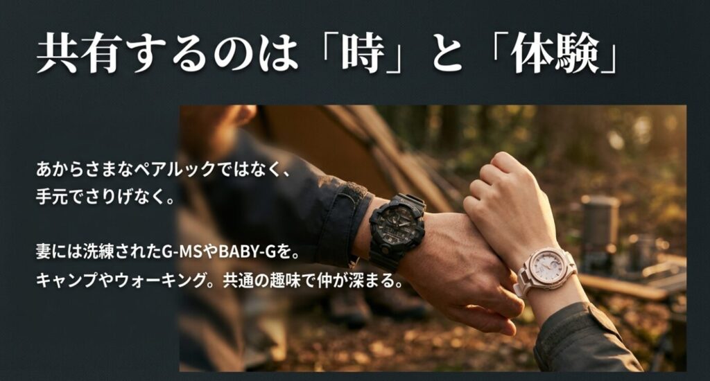 画像タイトル: 共有するのは「時」と「体験」
代替テキスト: キャンプやウォーキングなどのシーンを想起させる背景。「あからさまなペアルックではなく、手元でさりげなく」という、大人のペアウォッチの楽しみ方を提案する画像